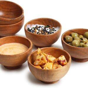 Set of 6 Acacia Wood Small Bowls – 4 fl oz Hand-Carved Dipping Bowls for Sauce, Salsa, Spices & Prep, 3.2 x 2 Inches