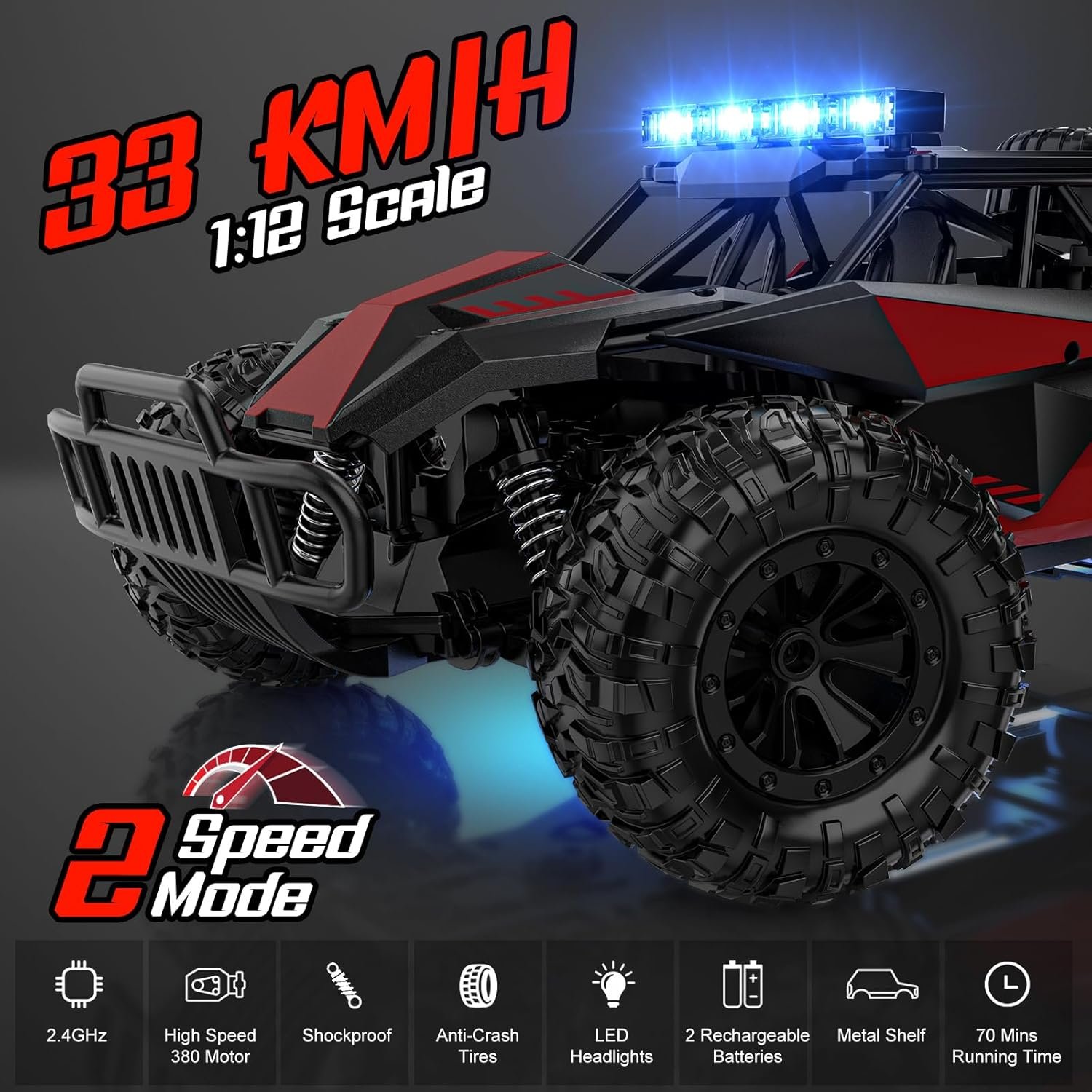 BLUEJAY Remote Control Car, 2.4GHz High-Speed 33 km/h RC Car Toy, 1:12 Monster RC Truck Off-Road with LED Headlights and Rechargeable Battery, Gift for Adults and Boys Ages 8–12 - Image 2