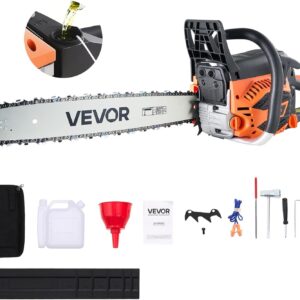 VEVOR 20 Inch 62CC Gas Powered Chainsaw, 3.8 HP 2-Stroke Engine Gas Chainsaw with Non-Slip Handle, Dual Fuel Tanks, for Wood Cutting, Tree Trimming, and Land Clearing